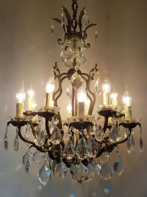 fig 2. French c1910 Antique Birdcage 12 Arm Brass Crystal Chandelier