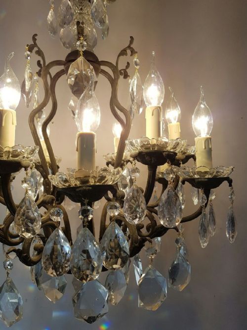 fig 3. French c1910 Antique Birdcage 12 Arm Brass Crystal Chandelier
