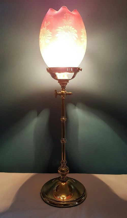 Cranberry Etched Shade Brass Table Lamp