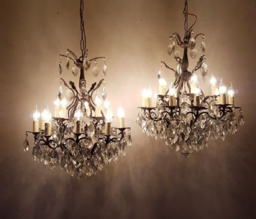 Pair French C1910 15 Arm Gilt Brass Crystal Chandeliers