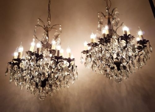 fig 1. Pair French c1910 15 Arm Gilt Brass Crystal Chandeliers
