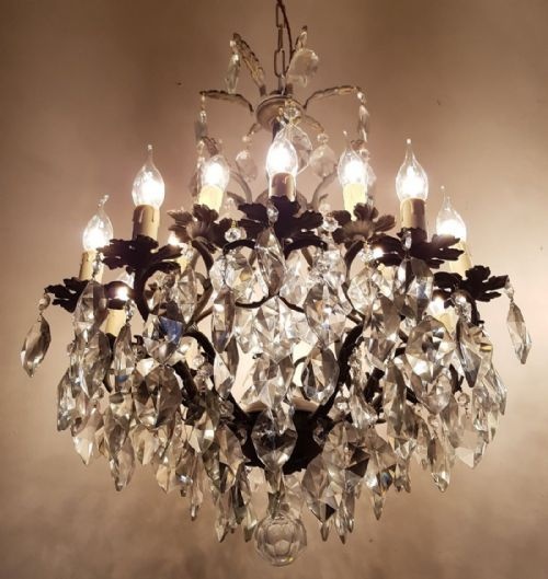 fig 2. Pair French c1910 15 Arm Gilt Brass Crystal Chandeliers