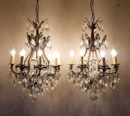 Pair French C1910 8 Arm Gilt Brass Crystal Chandeliers