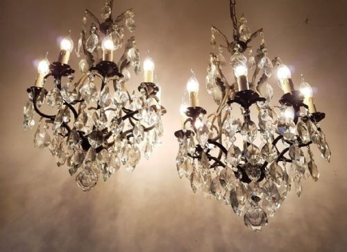 fig 1. Pair French c1910 8 Arm Gilt Brass Crystal Chandeliers