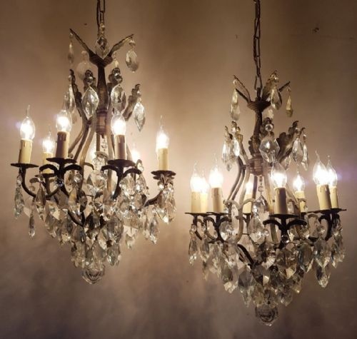 fig 2. Pair French c1910 8 Arm Gilt Brass Crystal Chandeliers