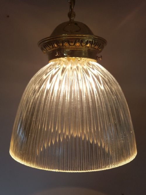 No 2 of a Pair Large Brass Stamped Holophane Ceiling Lamp Light