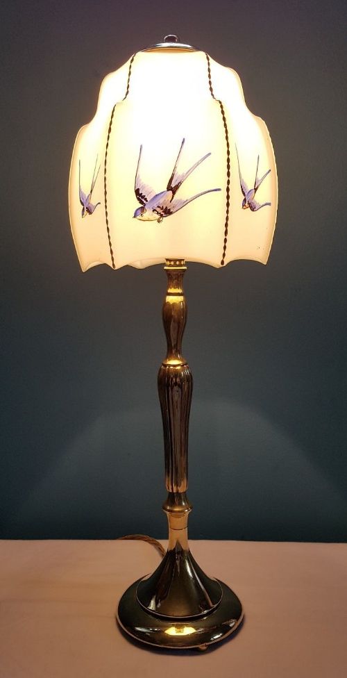 C1910 Edwardian Elegant Cast Brass Table Lamp. Painted Swallow Shade