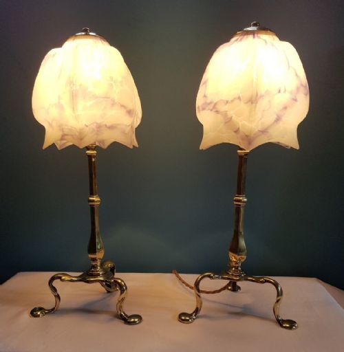 C1910 Edwardian Near Pair of Pullman Brass Table Lamps