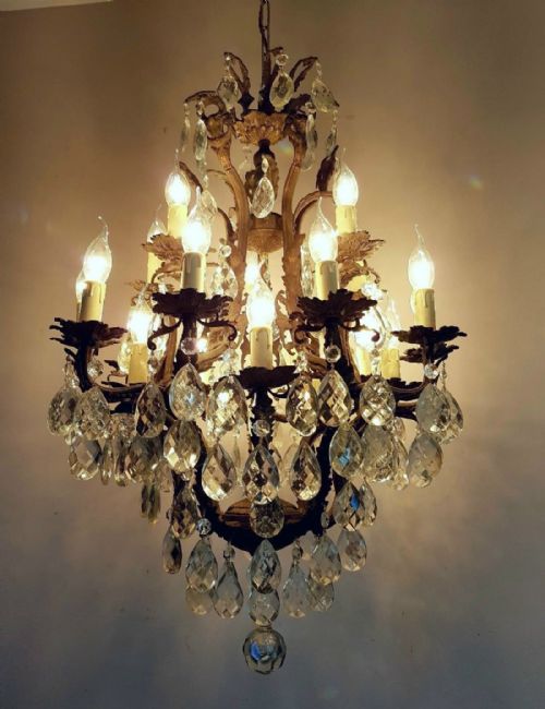 French C1910 Antique Birdcage 10 Arm Gilt Brass Crystal Chandelier