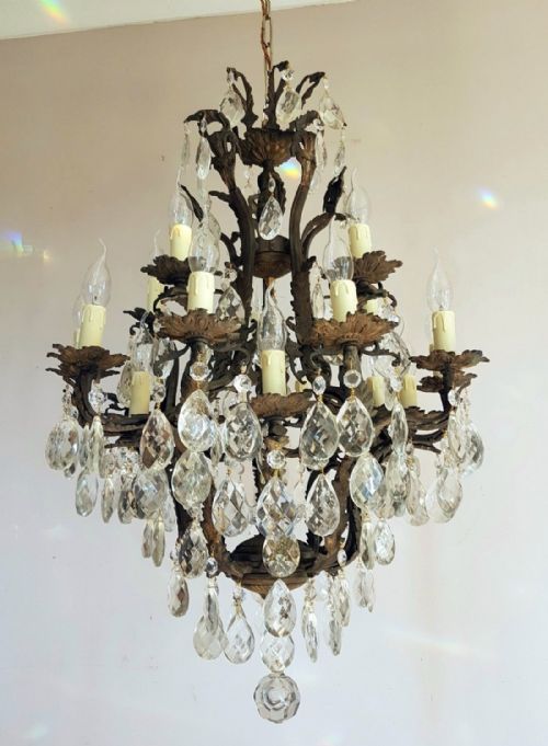 fig 1. French c1910 Antique Birdcage 10 Arm Gilt Brass Crystal Chandelier