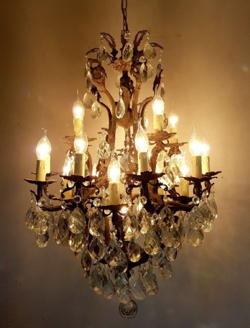 fig 2. French c1910 Antique Birdcage 10 Arm Gilt Brass Crystal Chandelier