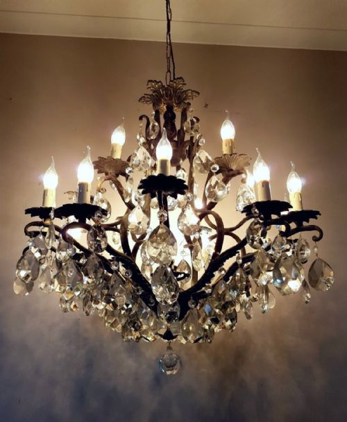 French C1910 Antique Birdcage 24 Arm Gilt Brass Crystal Chandelier