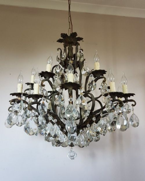 fig 1. French c1910 Antique Birdcage 24 Arm Gilt Brass Crystal Chandelier