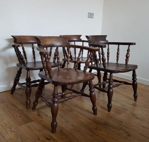 Set of 4 Ash & Elm Antique Arm Chair / Victorian Smokers Bow Armchair. Made by ' Glenister ' Chair Makers, High Wycombe