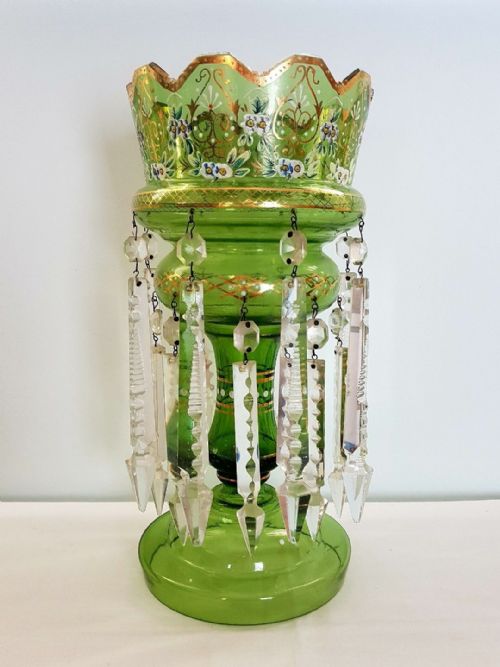 Large Antique Victorian Bohemian Green Mantle Lustre Crystal Spear Prisms
