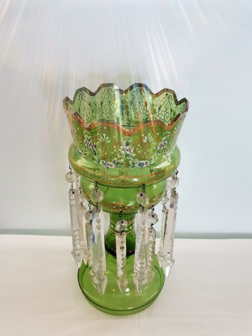 fig 1. Large Antique Victorian Bohemian Green Mantle Lustre Crystal Spear Prisms