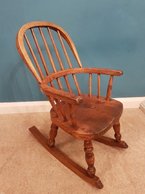 Edwardian C1910 Children's Ash Elm Stick Back Rocking Chair
