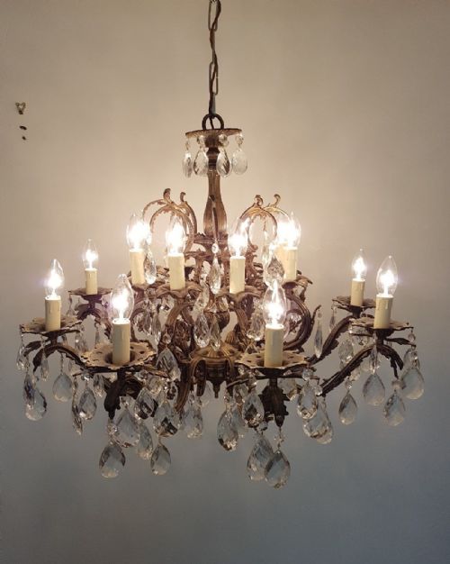 French C1910 Antique Birdcage 16 Arm Gilt Brass Crystal Chandelier