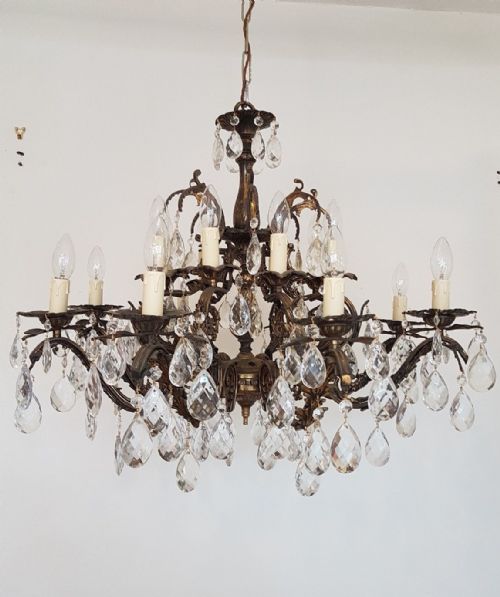 fig 1. French c1910 Antique Birdcage 16 Arm Gilt Brass Crystal Chandelier