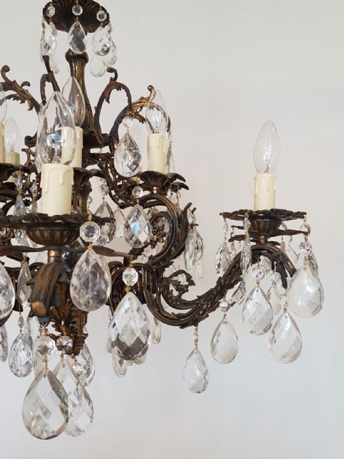 fig 2. French c1910 Antique Birdcage 16 Arm Gilt Brass Crystal Chandelier