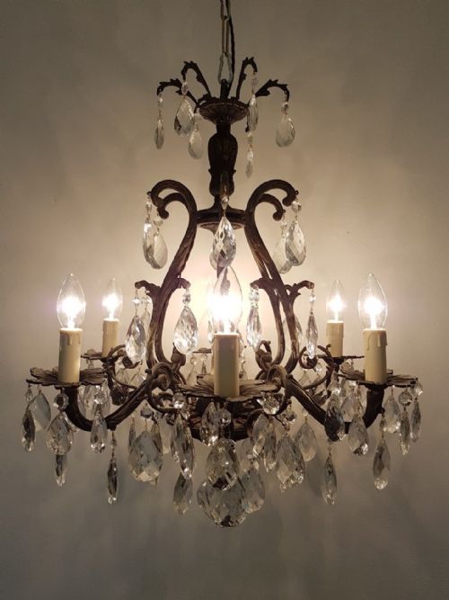 French C1910 Antique Birdcage 6 Arm Gilt Brass Crystal Chandelier