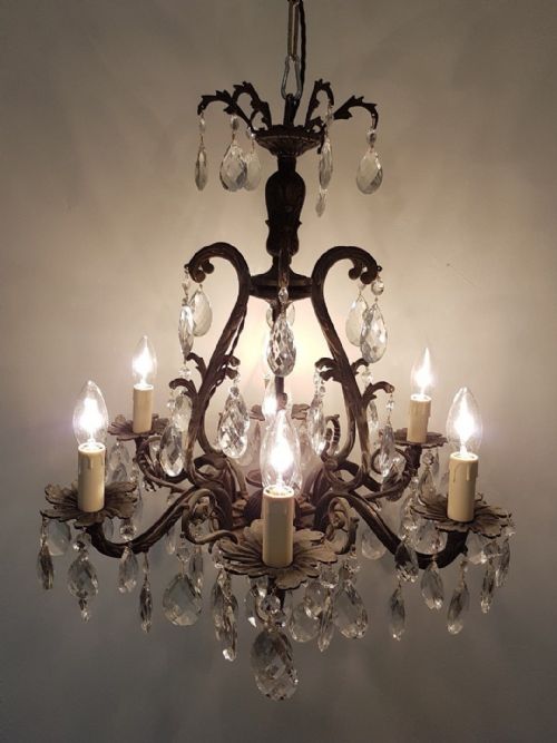 fig 1. French c1910 Antique Birdcage 6 Arm Gilt Brass Crystal Chandelier