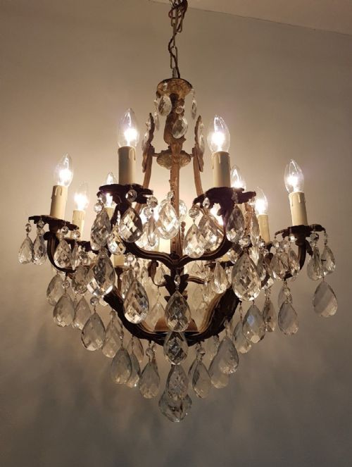 French C1910 Antique Birdcage 12 Arm Gilt Brass Crystal Chandelier