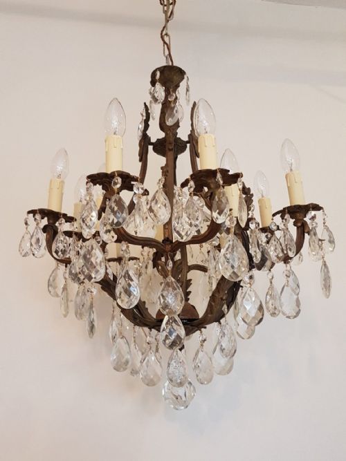 fig 1. French c1910 Antique Birdcage 12 Arm Gilt Brass Crystal Chandelier