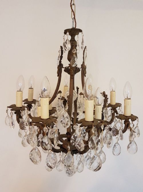fig 2. French c1910 Antique Birdcage 12 Arm Gilt Brass Crystal Chandelier
