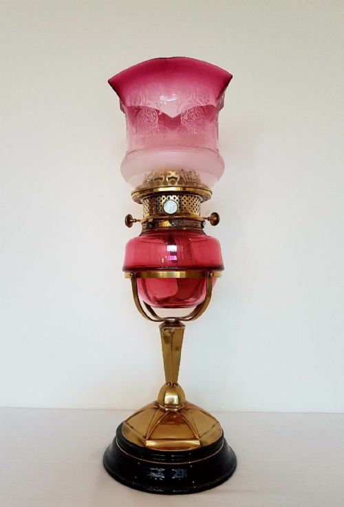 C1880 Cranberry Hesperus Star Triple Burner Oil Lamp