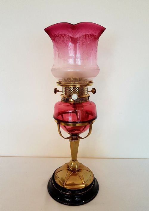 fig 1. c1880 Cranberry Hesperus Star Triple Burner Oil Lamp