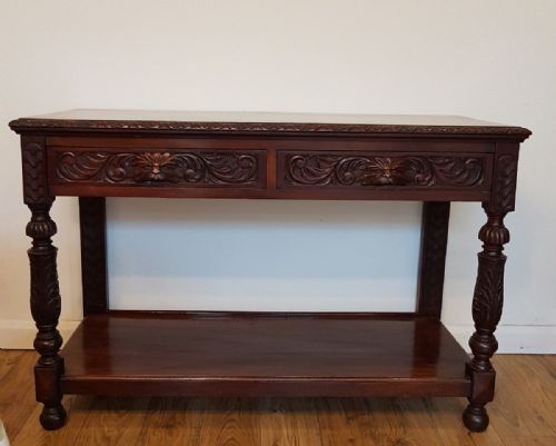 Victorian C1860 Carved Oak Green Man Hall Side Table with 2 Drawers