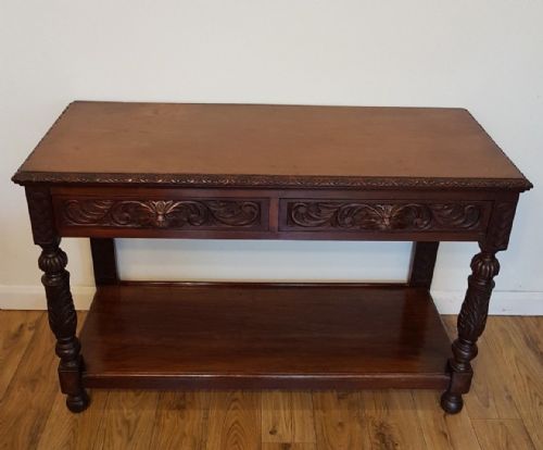 fig 1. Victorian c1860 Carved Oak Green Man Hall Side Table with 2 Drawers
