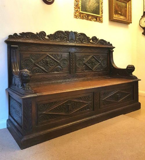 Large Impressive Antique Victorian C1860 Carved Oak Green Man Monks Bench. 6 Foot