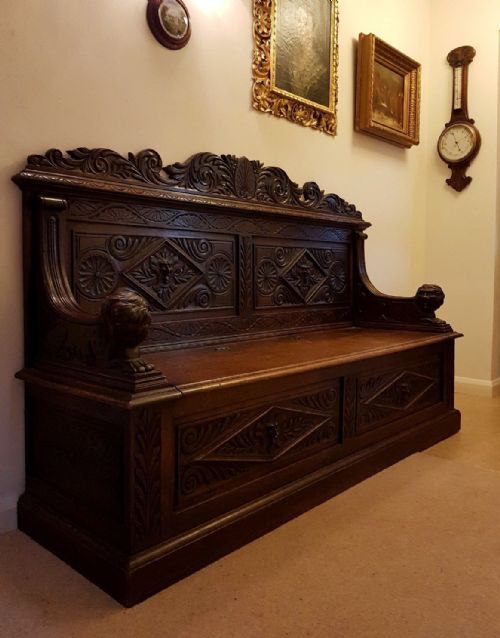fig 1. Large Impressive Antique Victorian c1860 Carved Oak Green Man Monks Bench. 6 Foot