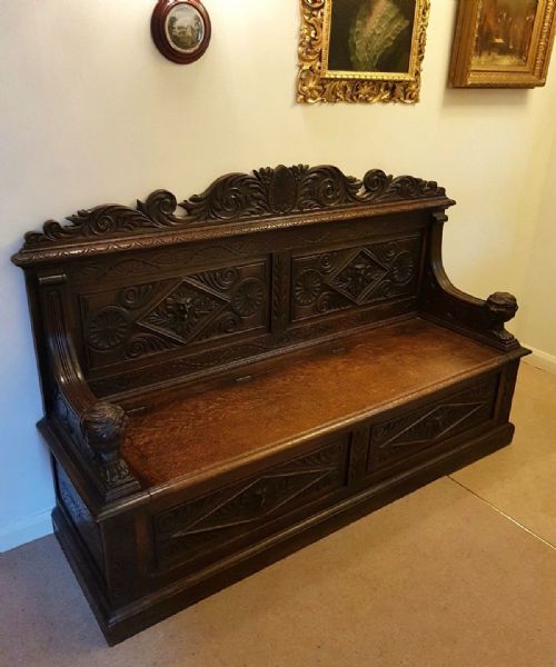fig 2. Large Impressive Antique Victorian c1860 Carved Oak Green Man Monks Bench. 6 Foot