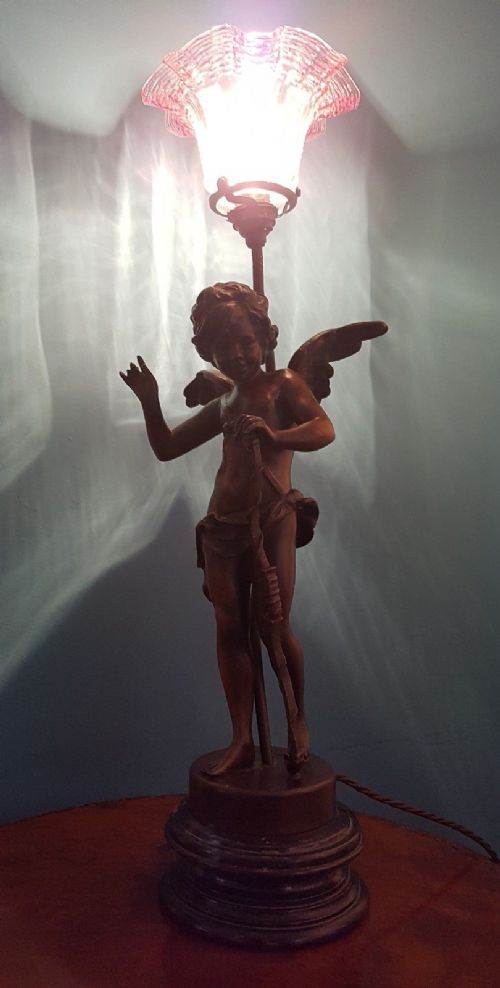 French Bronze Cherub Cranberry Glass Table Lamp