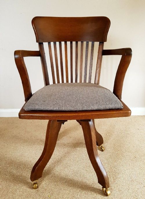 Antique Edwardian Swivel Oak Office Desk Study Arm Chair; C1910; New Seat Cover