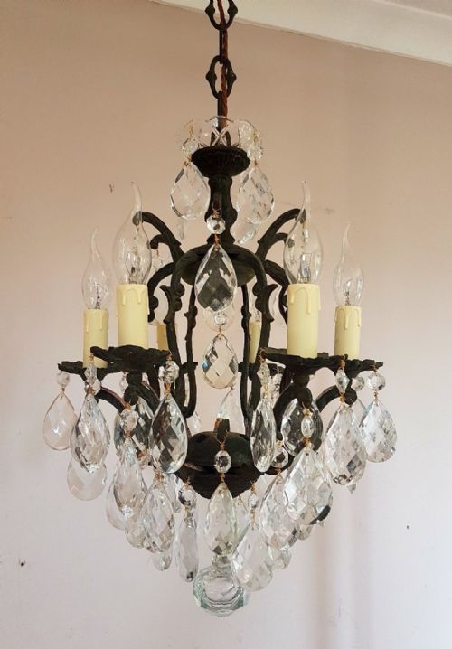 Small French C1910 Antique 6 Arm Birdcage Gilt Brass Crystal Chandelier