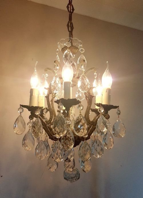 fig 1. Small French c1910 Antique 6 Arm Birdcage Gilt Brass Crystal Chandelier