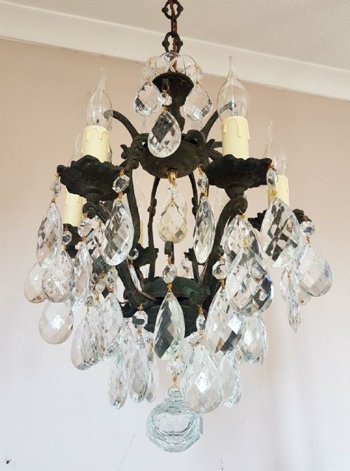 fig 2. Small French c1910 Antique 6 Arm Birdcage Gilt Brass Crystal Chandelier