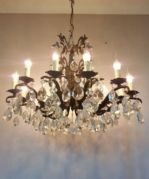 French C1910 Antique 12 Arm Birdcage Gilt Brass Crystal Chandelier
