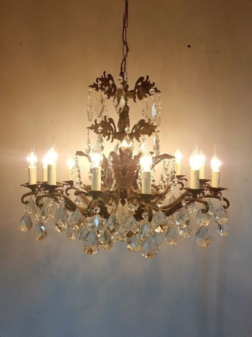 fig 1. French c1910 Antique 12 Arm Birdcage Gilt Brass Crystal Chandelier