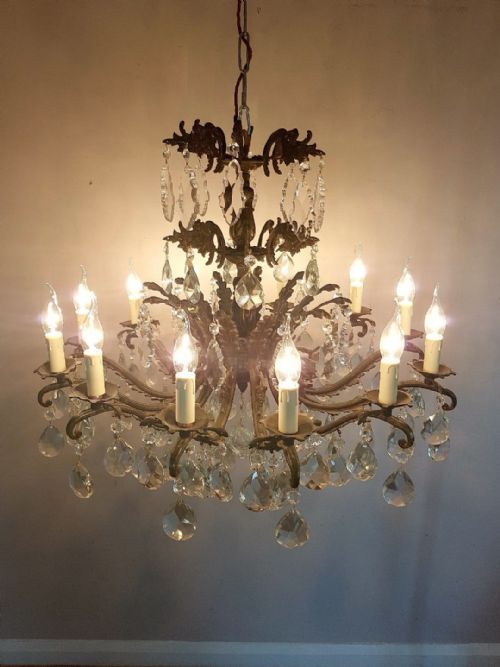 fig 2. French c1910 Antique 12 Arm Birdcage Gilt Brass Crystal Chandelier