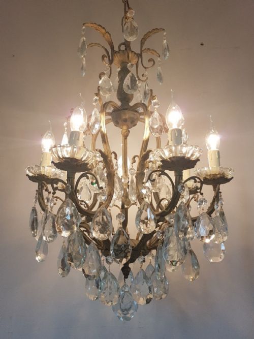 Antique 7 Arm Birdcage Gilt Brass Crystal Chandelier