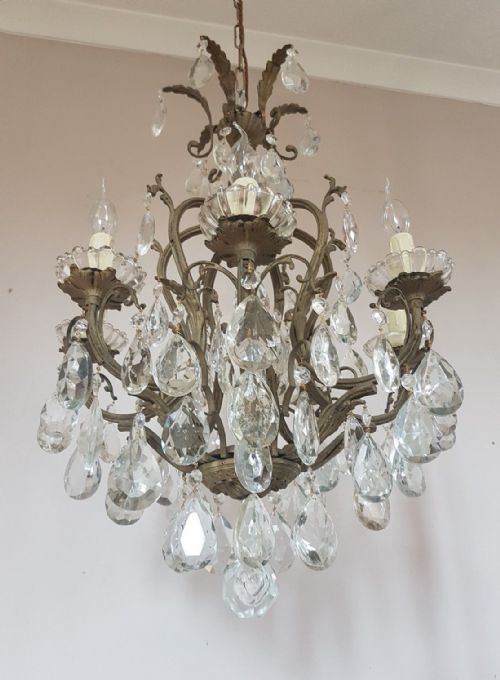 fig 1. Antique 7 Arm Birdcage Gilt Brass Crystal Chandelier