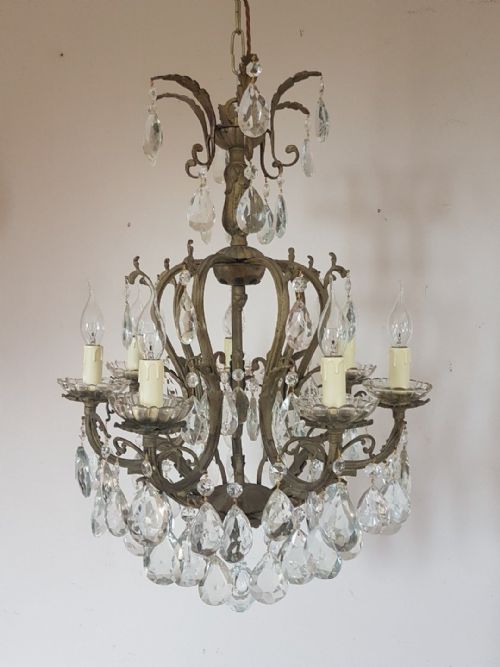 fig 2. Antique 7 Arm Birdcage Gilt Brass Crystal Chandelier