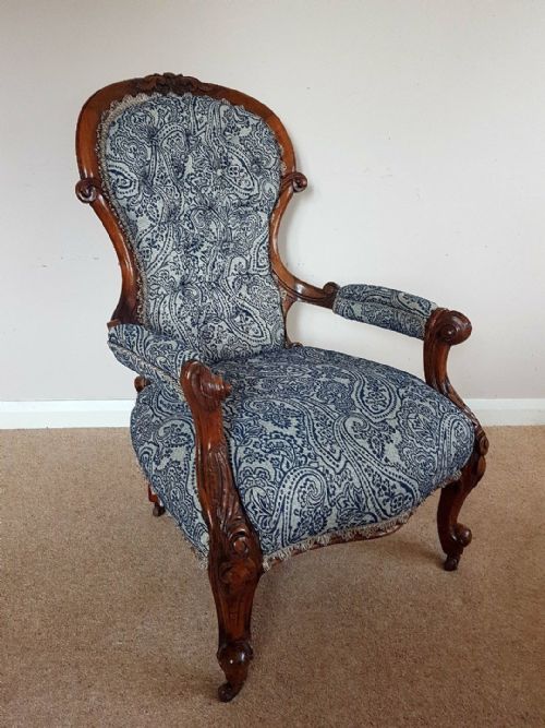 Antique Victorian Carved Deep Button Re-upholstered Armchair C1880