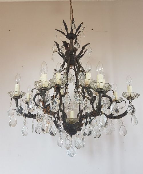 fig 1. Antique Birdcage 16 Arm Gilt Brass Crystal Chandelier