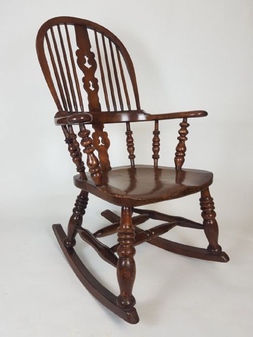 Victorian Broad Arm Windsor High Back Rocking Chair, Antique C1890.
